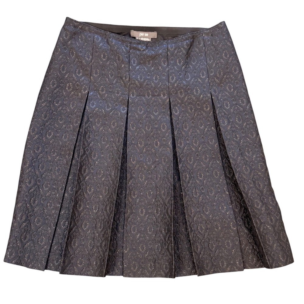 Per Se Pleated Jacquard Skirt Metallic Silk Blend Black Charcoal Size 6